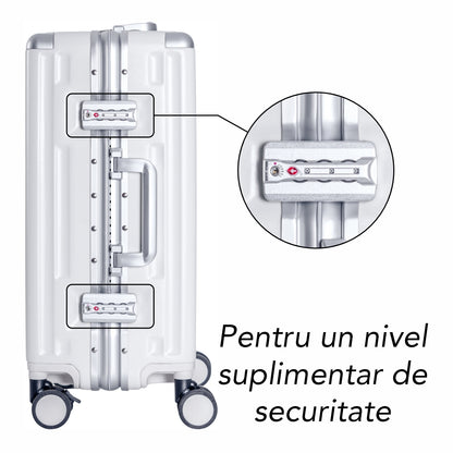 Troler, cabina avion, Naimeed D5989, Premium Voyage, fibra de carbon, port USB, compartiment pentru laptop, inchidere cifru, Alb, 49x34x24cm