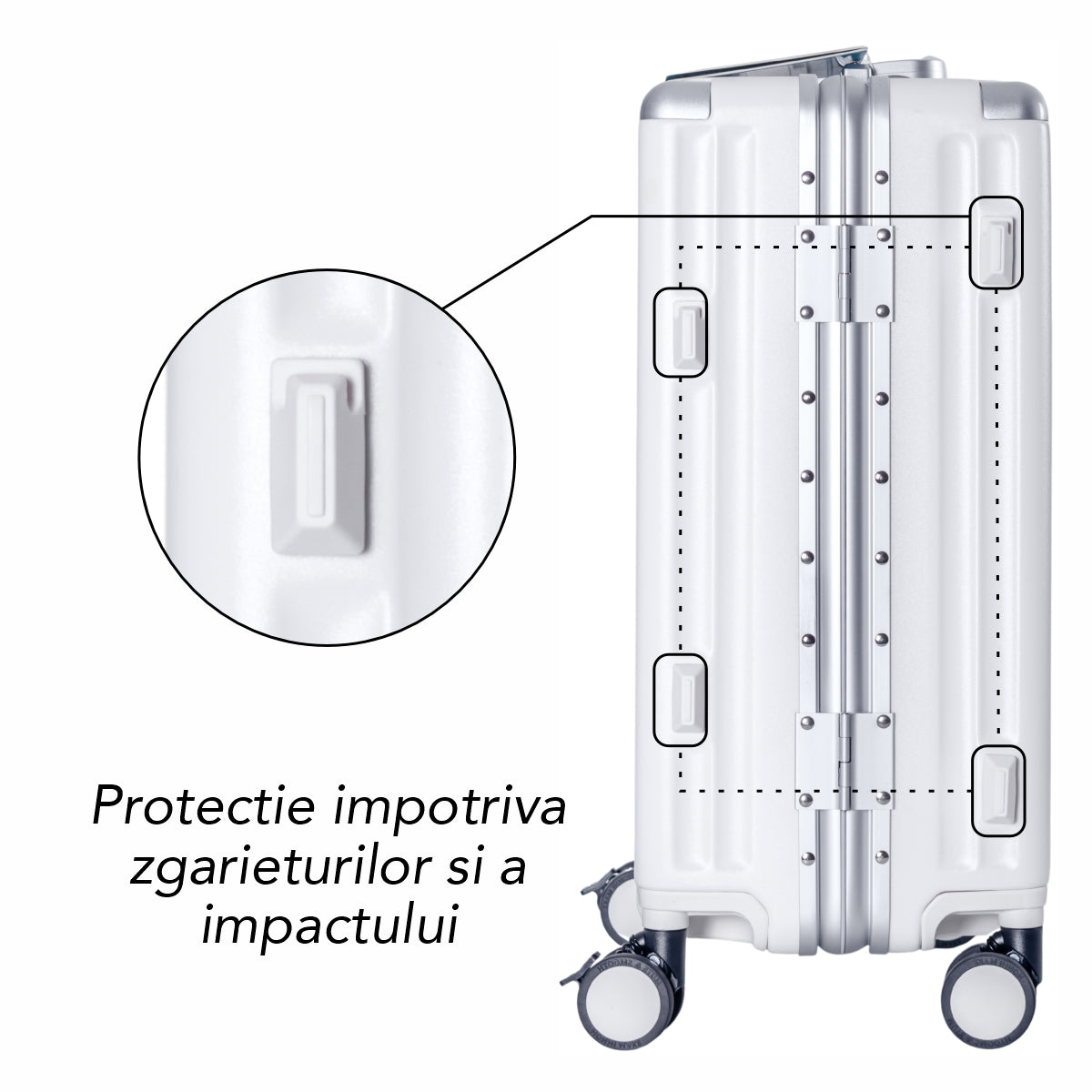 Troler, cabina avion, Naimeed D5989, Premium Voyage, fibra de carbon, port USB, compartiment pentru laptop, inchidere cifru, Alb, 49x34x24cm