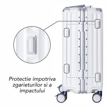 Troler, cabina avion, Naimeed D5989, Premium Voyage, fibra de carbon, port USB, compartiment pentru laptop, inchidere cifru, Alb, 49x34x24cm