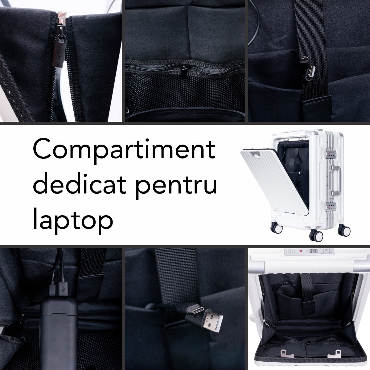 Troler, cabina avion, Naimeed D5989, Premium Voyage, fibra de carbon, port USB, compartiment pentru laptop, inchidere cifru, Alb, 49x34x24cm