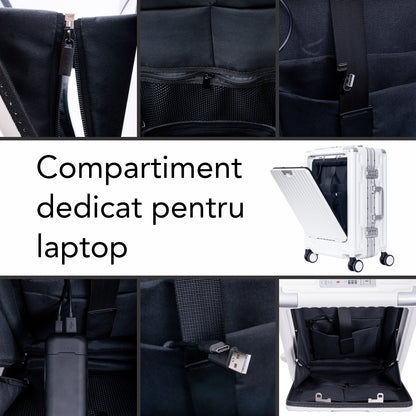 Troler, cabina avion, Naimeed D5989, Premium Voyage, fibra de carbon, port USB, compartiment pentru laptop, inchidere cifru, Alb, 49x34x24cm
