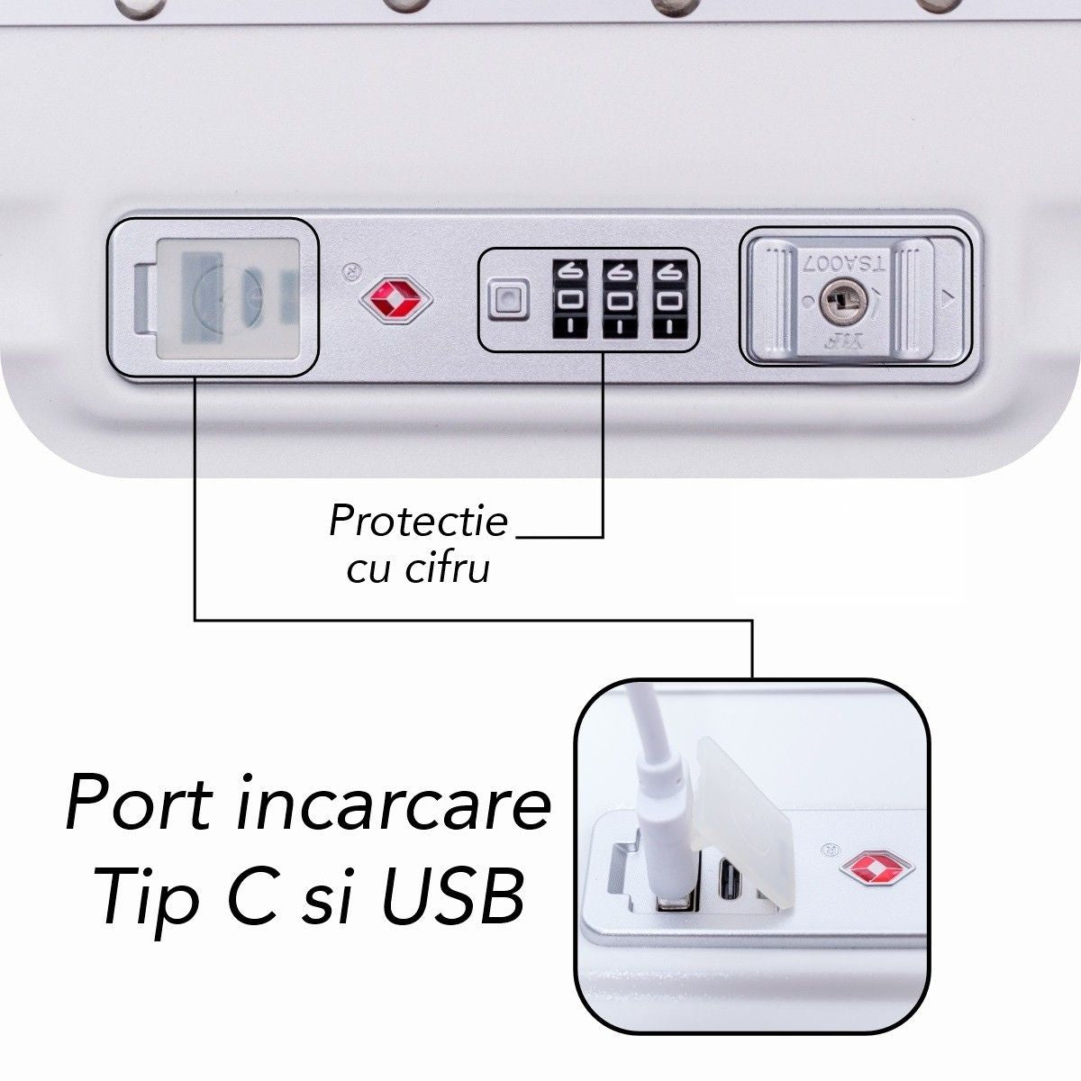 Troler, cabina avion, Naimeed D5989, Premium Voyage, fibra de carbon, port USB, compartiment pentru laptop, inchidere cifru, Alb, 49x34x24cm
