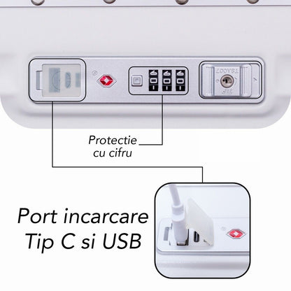 Troler, cabina avion, Naimeed D5989, Premium Voyage, fibra de carbon, port USB, compartiment pentru laptop, inchidere cifru, Alb, 49x34x24cm