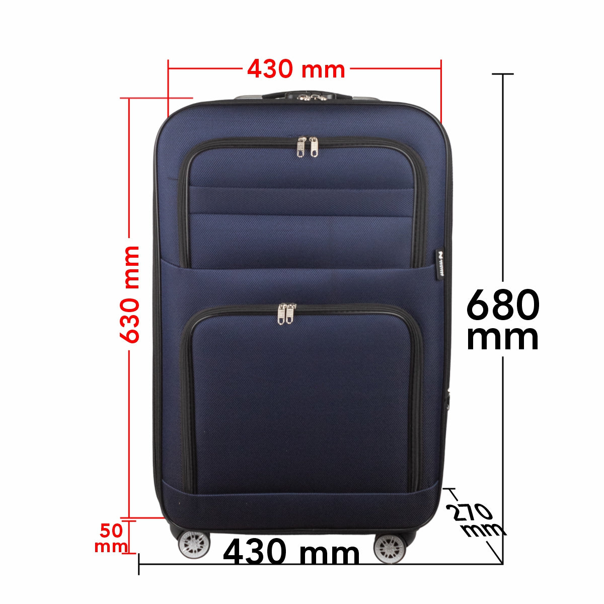 Troler voiaj Mediu, Naimeed D5993, 4 roti, material textil, inchidere cifru, Albastru, 43x27x63cm