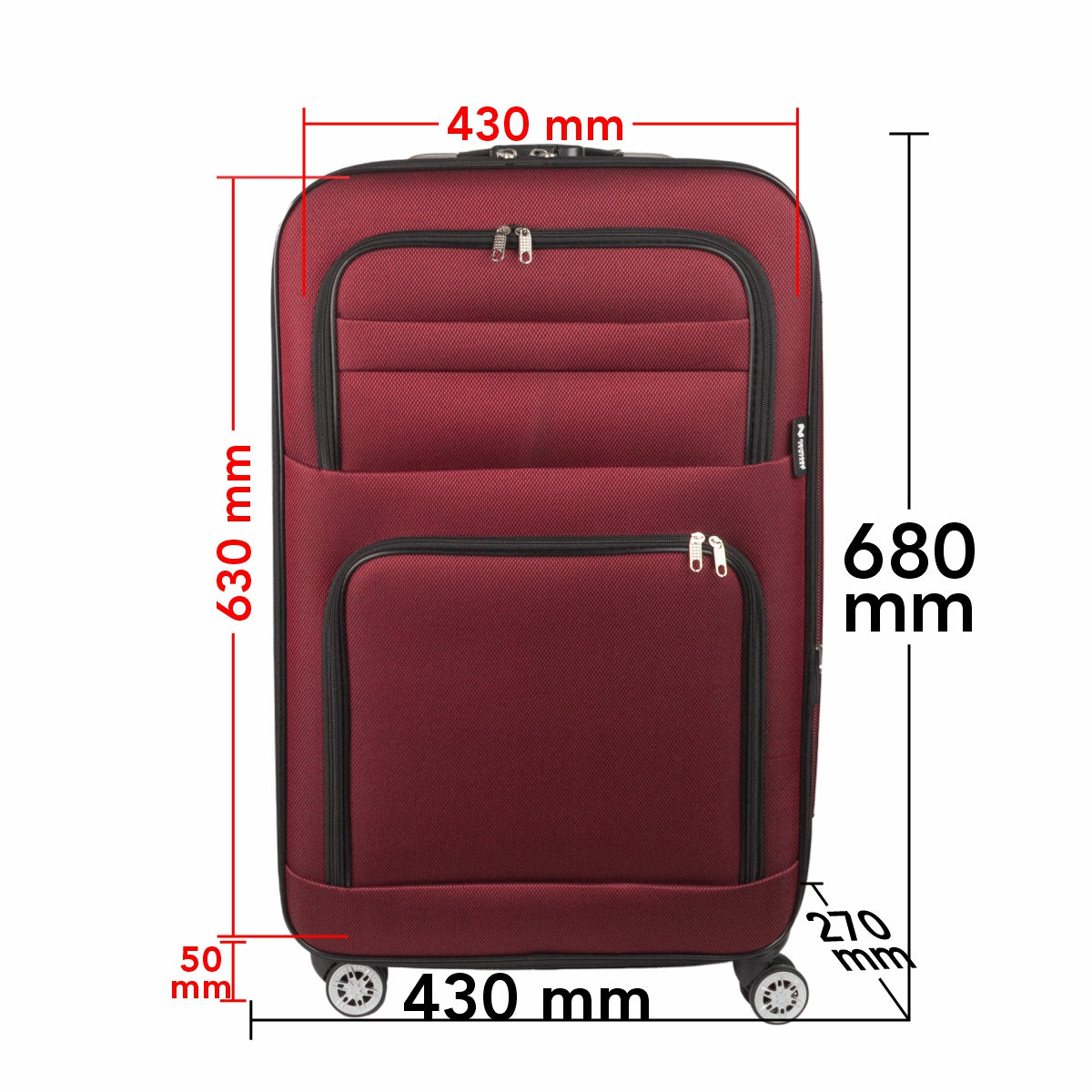 Troler voiaj Mediu, Naimeed D5996, 4 roti, material textil, inchidere cifru, Rosu, 43x27x63cm