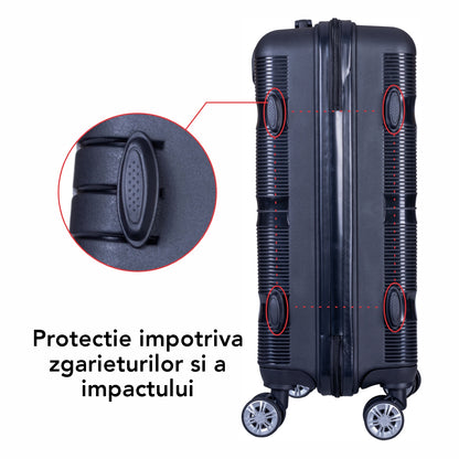 Troler voiaj Mediu, Naimeed D6008, 4 roti duble 360 grade, PP, inchidere cifru, Negru, 43x24x59cm
