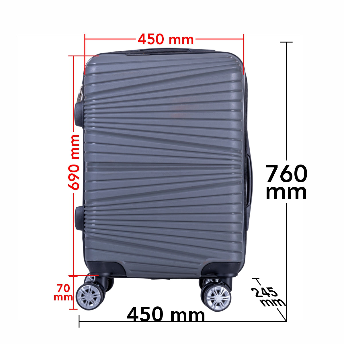 Troler voiaj Mare, Naimeed D6017, 4 roti duble 360 grade, PP, inchidere cifru, Gri, 45x24.5x69cm