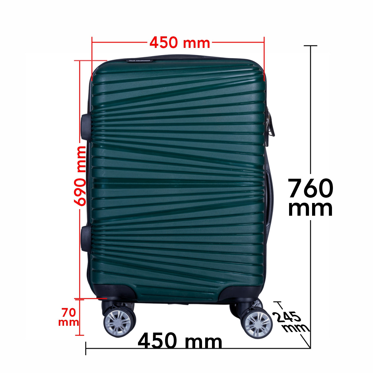 Troler voiaj Mare, Naimeed D6025, 4 roti duble 360 grade, PP, inchidere cifru, Verde, 45x24.5x69cm