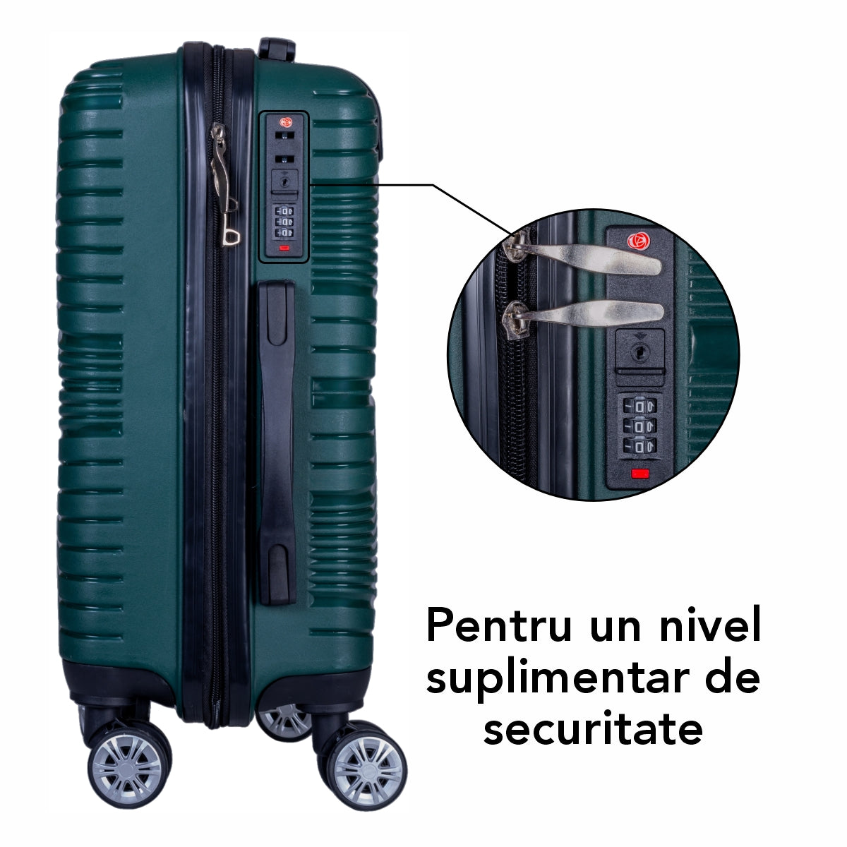 Troler voiaj Mic, Naimeed D6025, 4 roti duble 360 grade, PP, inchidere cifru, Verde, 31x20x43cm