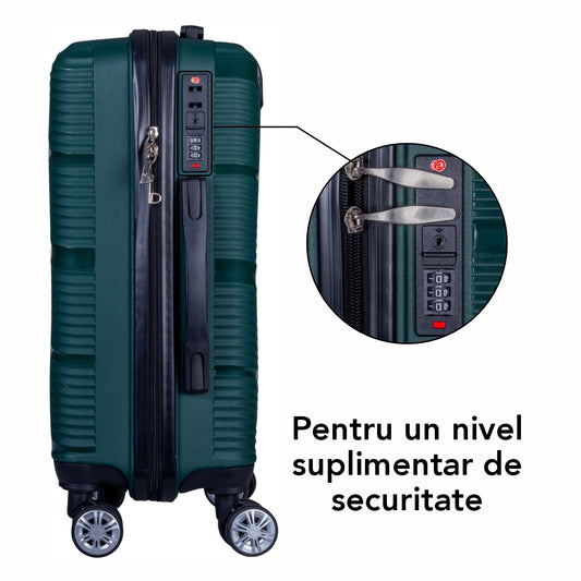 Troler voiaj Mediu, Naimeed D6026, 4 roti duble 360 grade, PP, inchidere cifru, Verde, 39x22.5x54cm