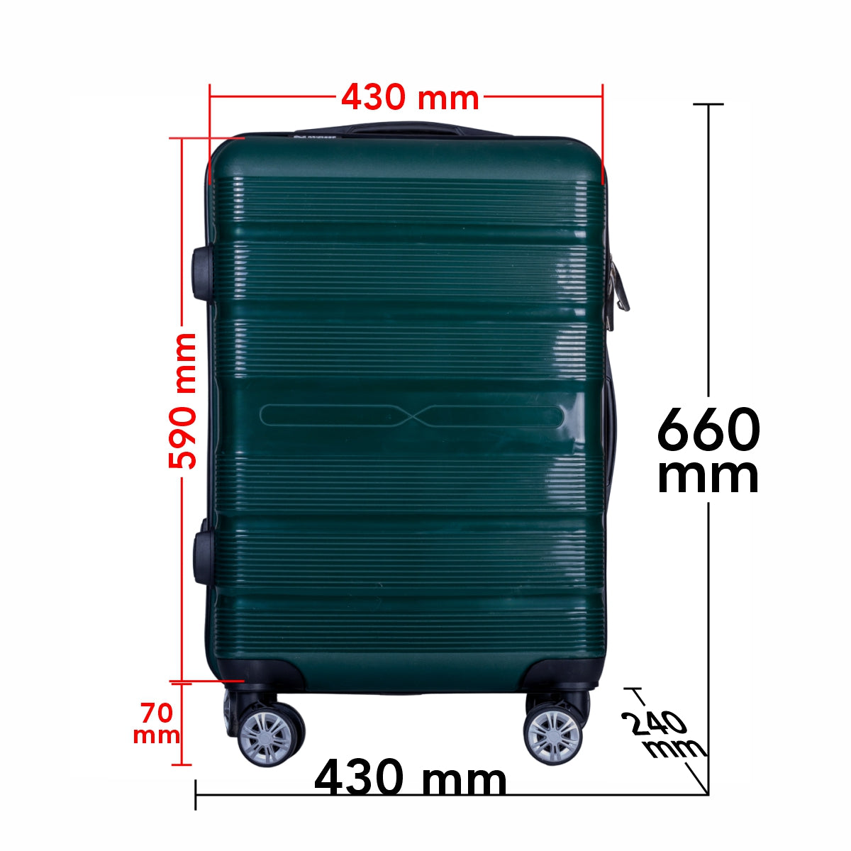 Troler voiaj Mediu, Naimeed D6028, 4 roti duble 360 grade, PP, inchidere cifru, Verde, 43x24x59cm