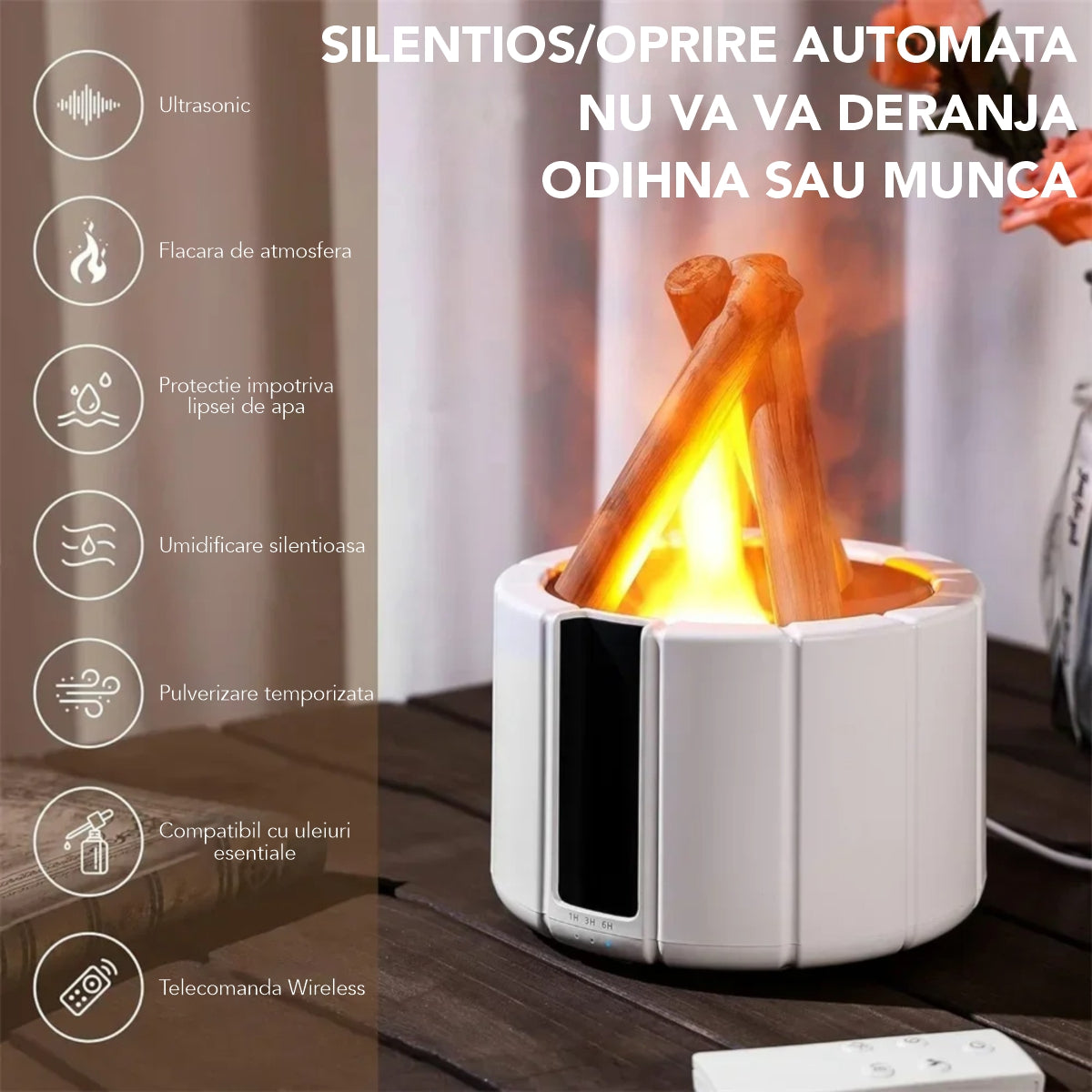 Umidificator cu aromaterapie, Naimeed D6033, Foc de Tabara, Alb, 148x200x148mm