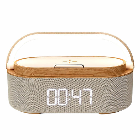 Ceas digital cu incarcator wireless incorporat, lumina de veghe reglabila, conexiune Bluetooth, Naimeed D6062, Maro, 225x87x116mm