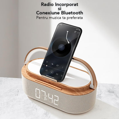 Ceas digital cu incarcator wireless incorporat, lumina de veghe reglabila, conexiune Bluetooth, Naimeed D6062, Maro, 225x87x116mm