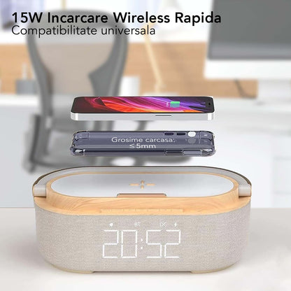 Ceas digital cu incarcator wireless incorporat, lumina de veghe reglabila, conexiune Bluetooth, Naimeed D6062, Maro, 225x87x116mm