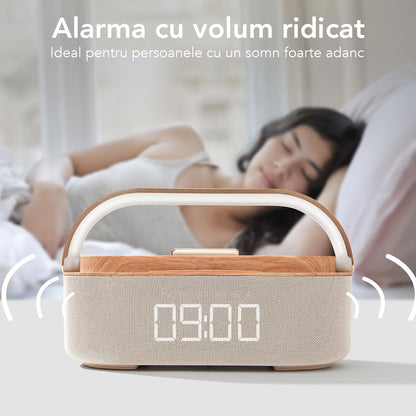 Ceas digital cu incarcator wireless incorporat, lumina de veghe reglabila, conexiune Bluetooth, Naimeed D6062, Maro, 225x87x116mm