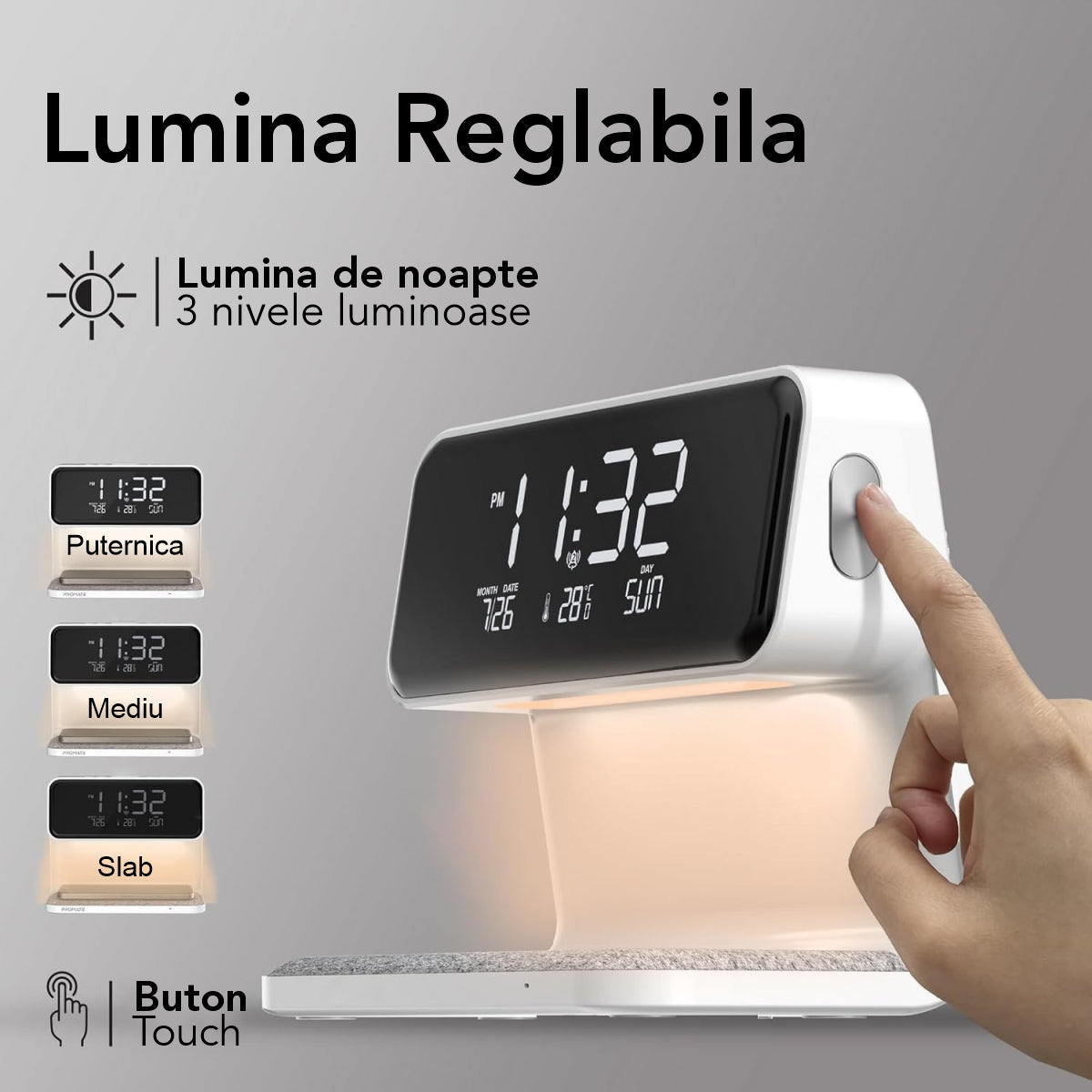 Ceas digital cu incarcator wireless incorporat, lumina de veghe reglabila, Naimeed D6063, Alb, 180x150x103mm