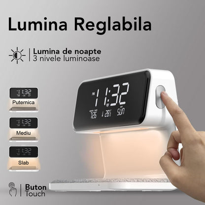 Ceas digital cu incarcator wireless incorporat, lumina de veghe reglabila, Naimeed D6063, Alb, 180x150x103mm