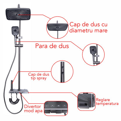 Coloana de dus, cu para fixa si para mobila, Naimeed D6143, 4 functii, otel inoxidabil, Argintiu