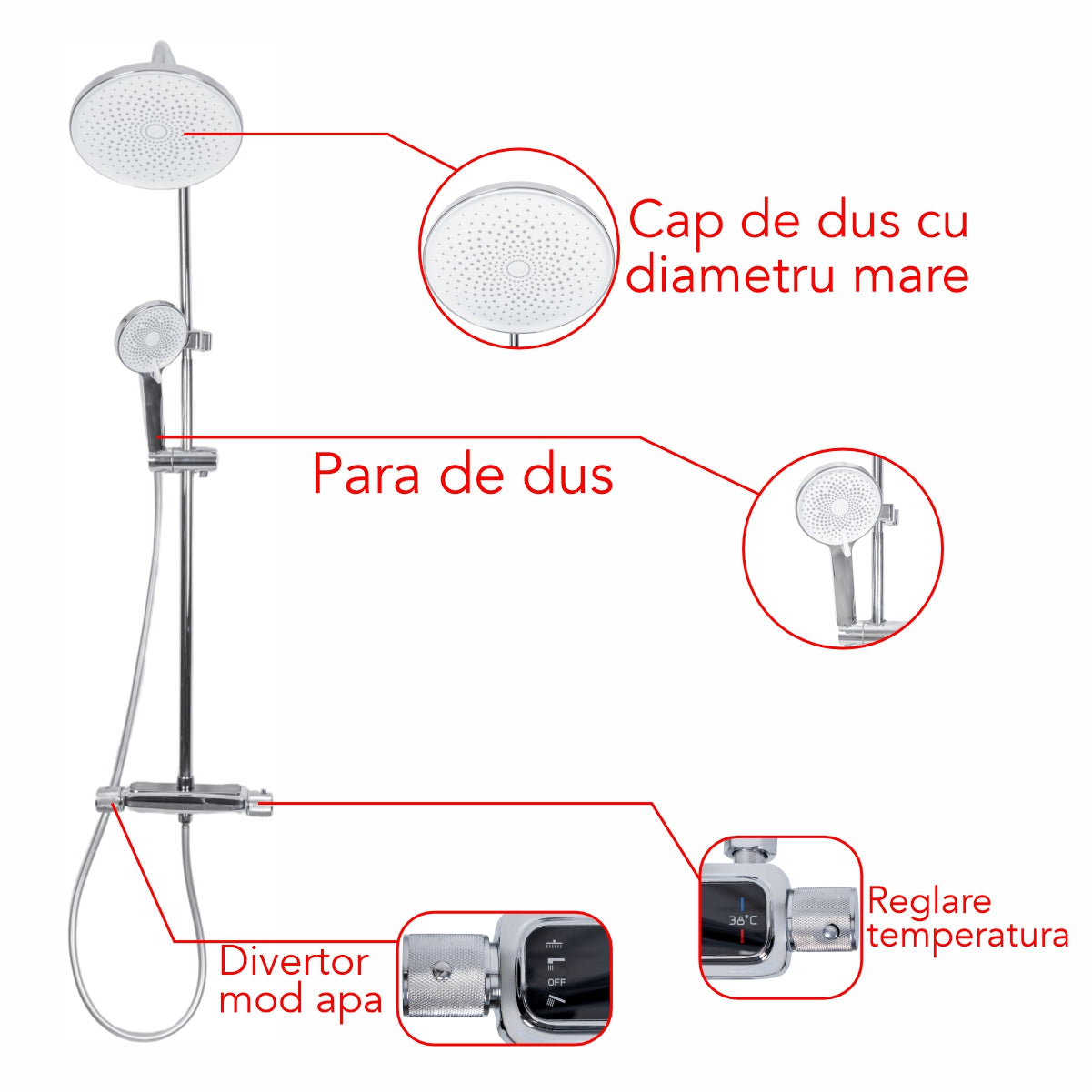 Coloana de dus, cu para fixa si para mobila, Naimeed D6148, 3 functii, otel inoxidabil, Argintiu