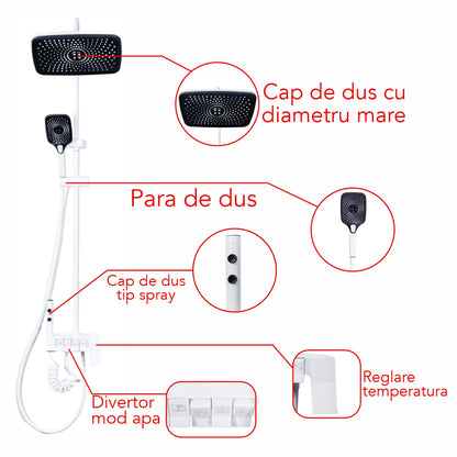 Coloana de dus, cu para fixa si para mobila, Naimeed D6149, 4 functii, otel inoxidabil, Alb