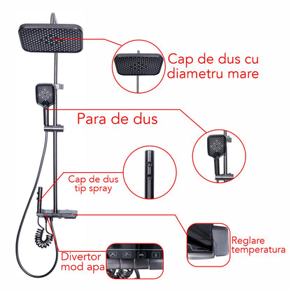 Coloana de dus, cu para fixa si para mobila, Naimeed D6156, 4 functii, otel inoxidabil, Gri