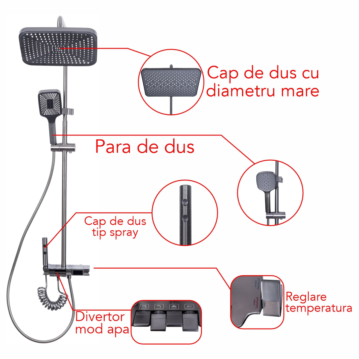 Coloana de dus, cu para fixa si para mobila, Naimeed D6158, 4 functii, otel inoxidabil, Argintiu