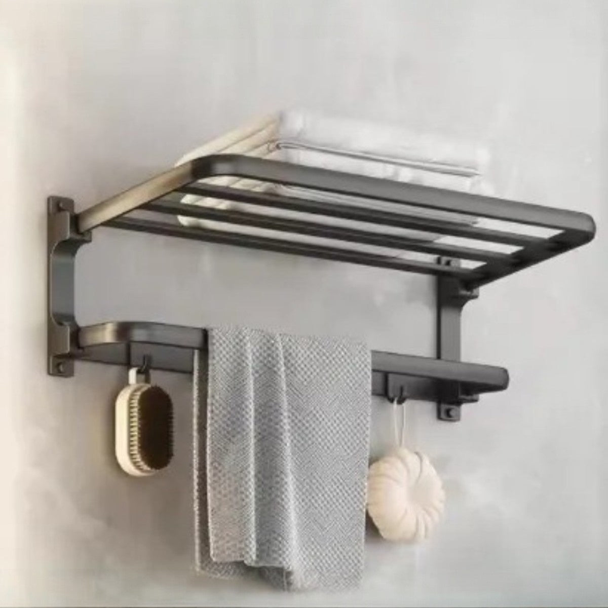 Suport multifunctional, tip etajera, cu 5 carlige, din aluminiu, Naimeed D6162, Gri