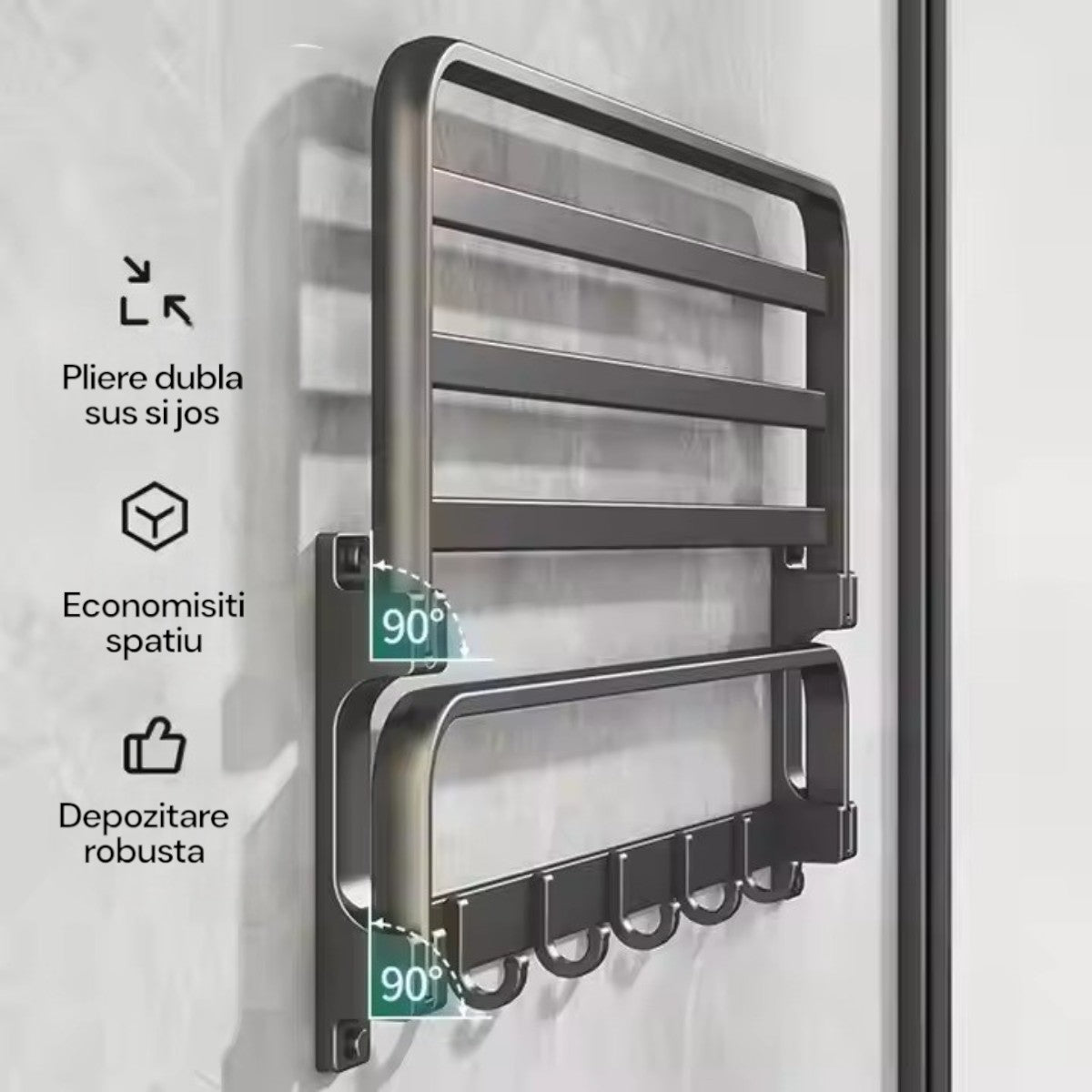 Suport multifunctional, tip etajera, cu 5 carlige, din aluminiu, Naimeed D6162, Gri