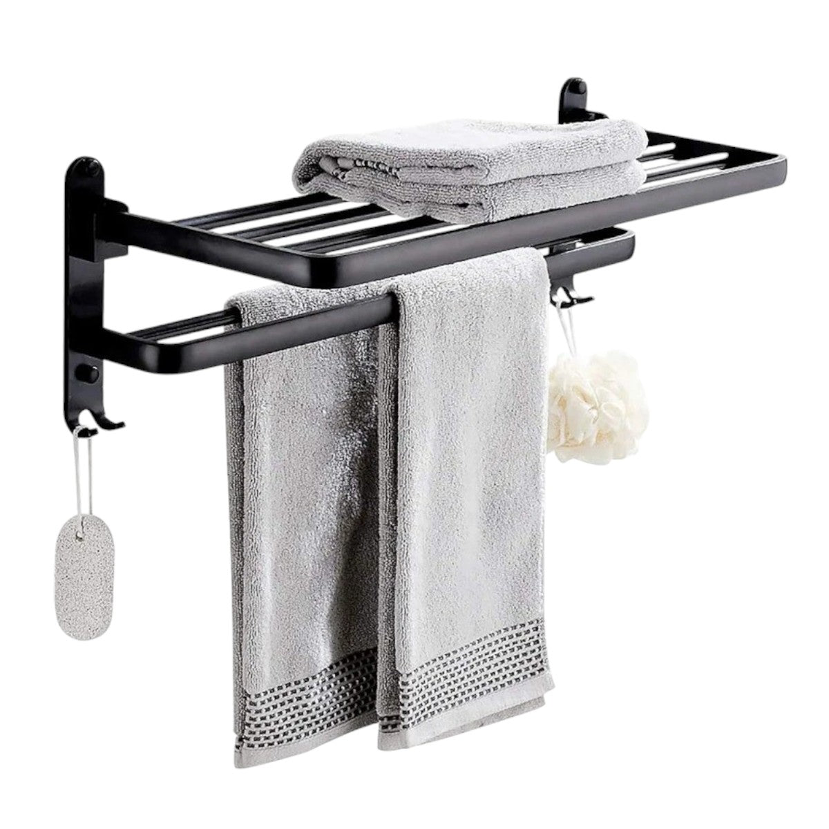 Suport  multifunctional din aluminiu cu raft si carlige integrate, Naimeed D6163, Gri