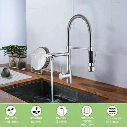 Baterie chiuveta de bucatarie, rotire 360°, multifunctionala, cu design modern si furtun flexibil, Naimeed D6179, Argintiu