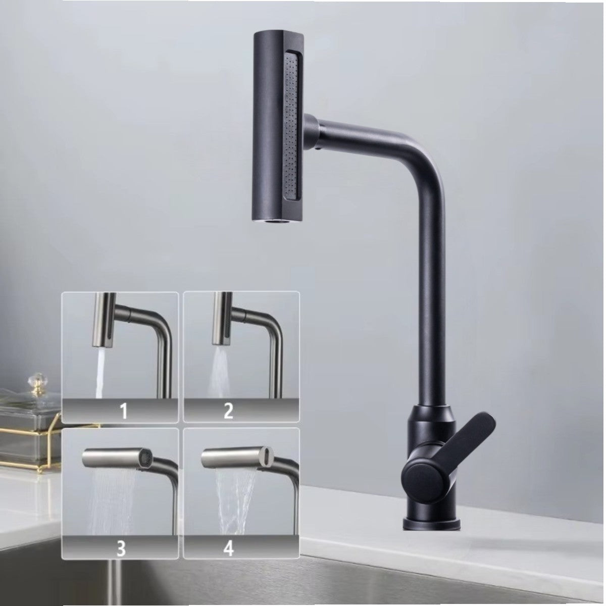 Baterie chiuveta de bucatarie, rotire 360°, multifunctionala, cu design modern, Naimeed D6181, Gri