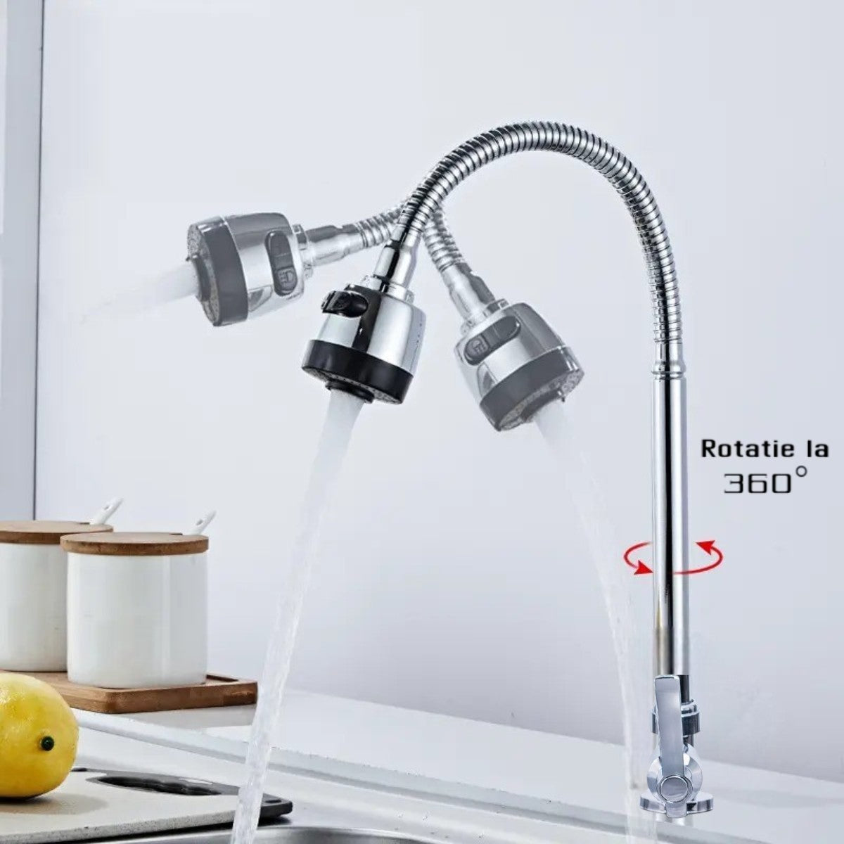 Baterie chiuveta pentru o singura alimentare cu apa, (cald sau rece), rotire 360°, cu doua moduri de jet ajustabil, Naimeed D6183, Argintiu