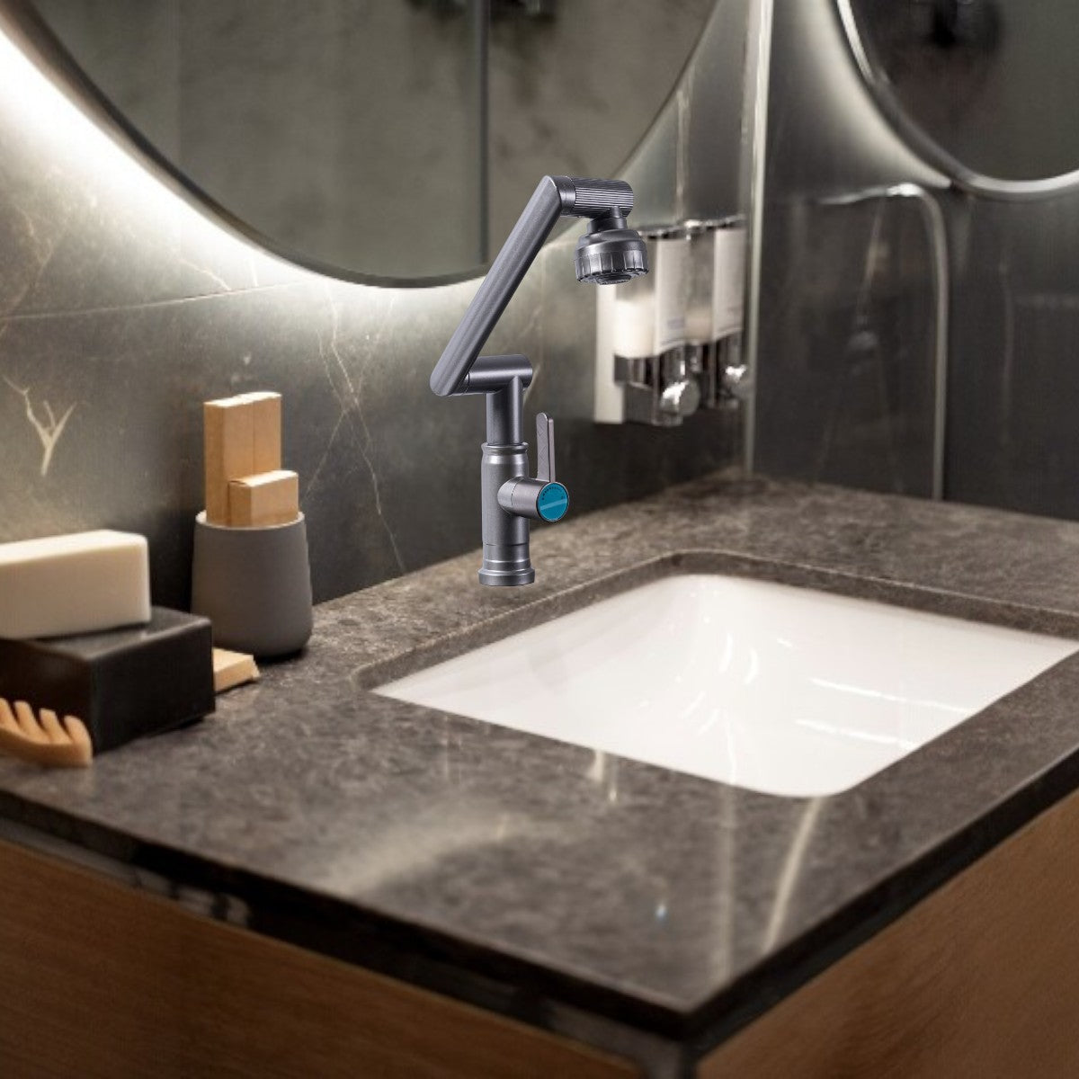 Baterie chiuveta pentru o singura alimentare cu apa, (cald sau rece), rotire 360°, multifunctionala, cu design modern, Naimeed D6186, Gri