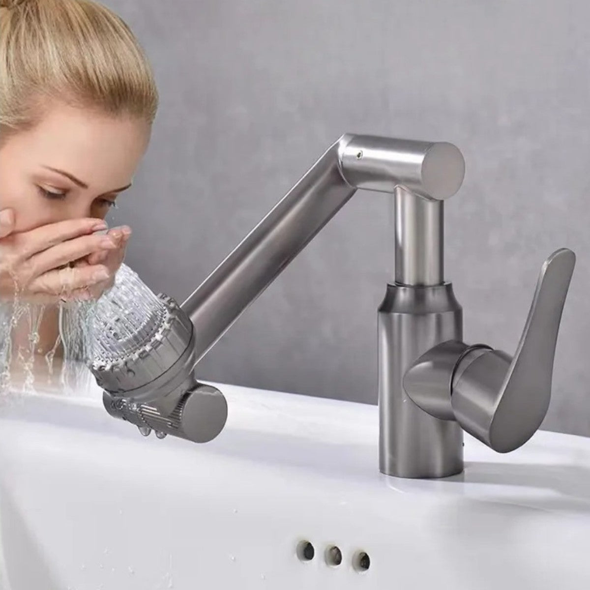 Baterie chiuveta pentru o singura alimentare cu apa, (cald sau rece), rotire 360°, multifunctionala, cu design modern, Naimeed D6186, Gri