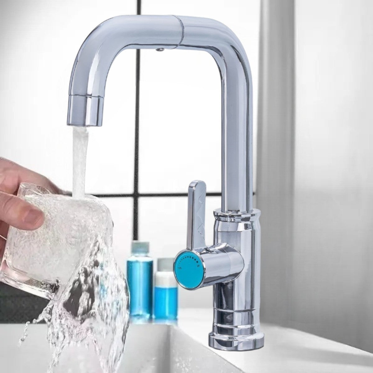 Baterie chiuveta pentru o singura alimentare cu apa, (cald sau rece), rotire 360°, Naimeed D6187, Argintiu