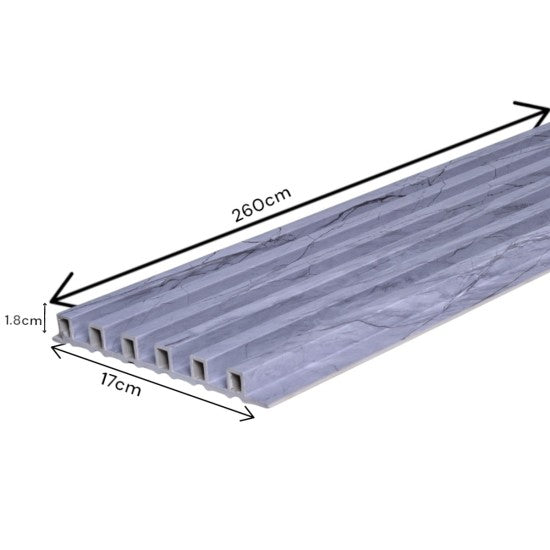 Set 5 panouri decorative, riflaj WPC, cu 6 caneluri, Naimeed D6218, 260x17x1.8cm, Gri marmura