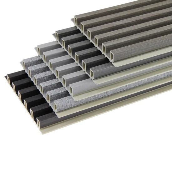 Set 5 panouri decorative, riflaj WPC, cu 6 caneluri, Naimeed D6221, 260x17x1.8cm, Gri deschi