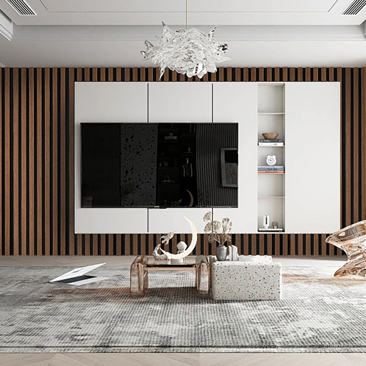 Set 6 Panouri riflaj acustic decorativ, MDF si pasla, Naimeed D7100, 270x30x1.8cm, Stejar natur