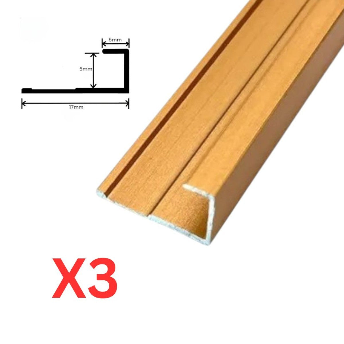 Set 3 profile aluminiu pentru finisarea panourilor cristal carbon si carbune de bambus, Naimeed D6308, aluminiu, 300x0.5cm, Auriu