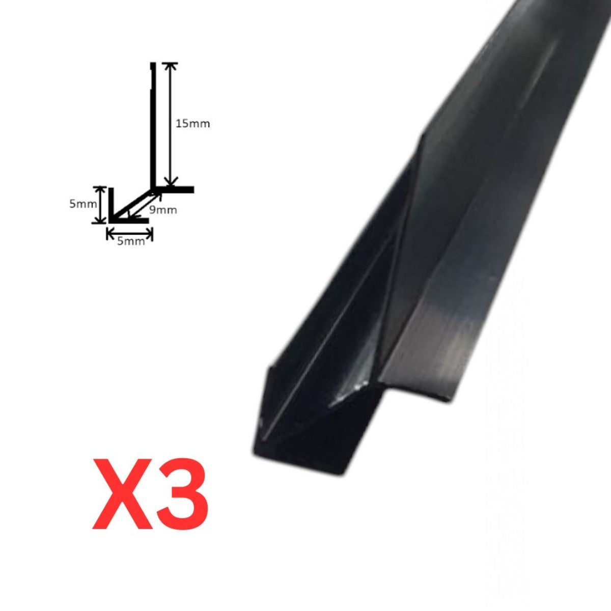 Set 3 profile de colt exterior, ascutit, pentru imbinarea panourilor cristal carbon si carbune de bambus, Naimeed D6331, aluminiu, 300x0.5cm, Negru
