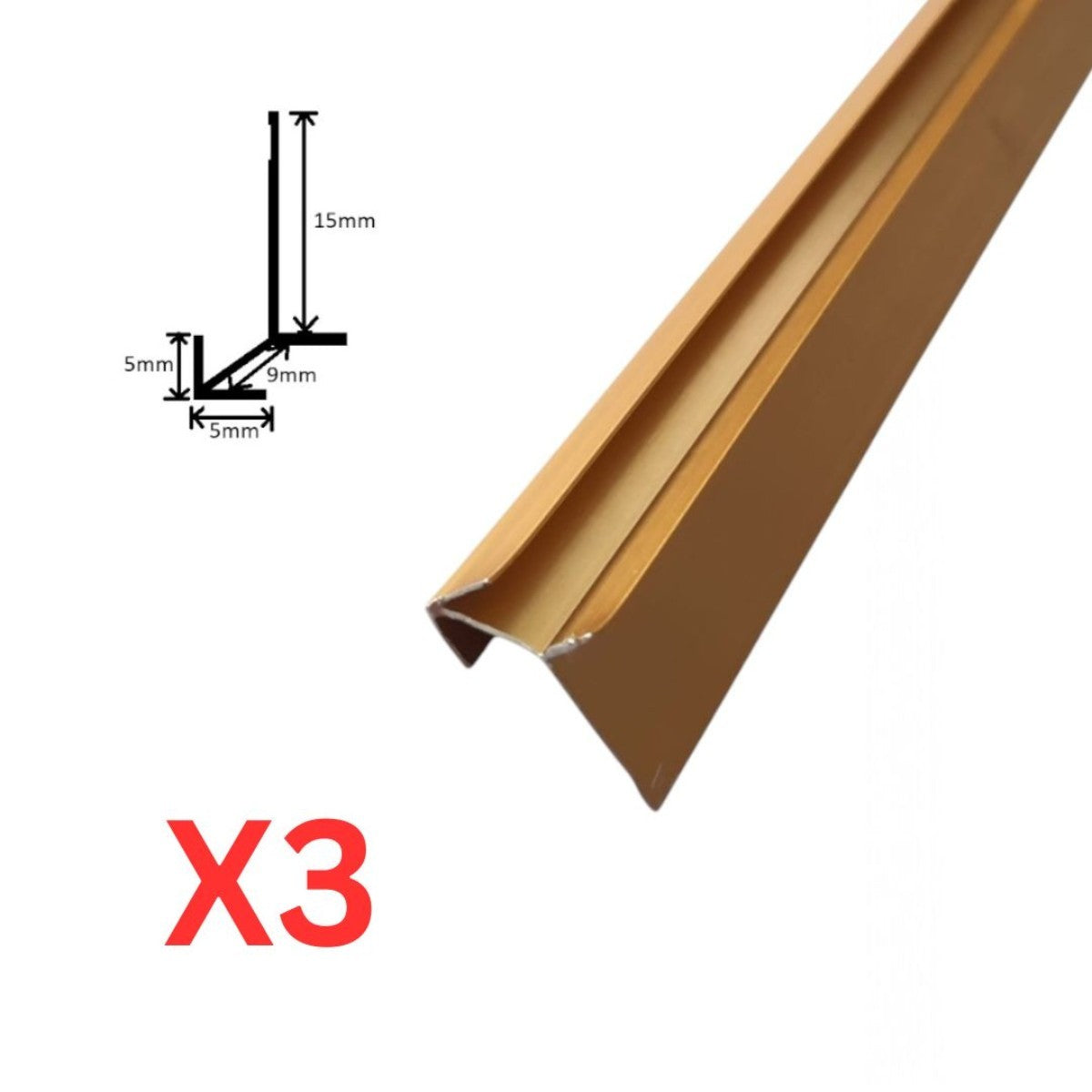 Set 3 profile de colt exterior, ascutit, pentru imbinarea panourilor cristal carbon si carbune de bambus, Naimeed D6332, aluminiu, 300x0.5cm, Auriu
