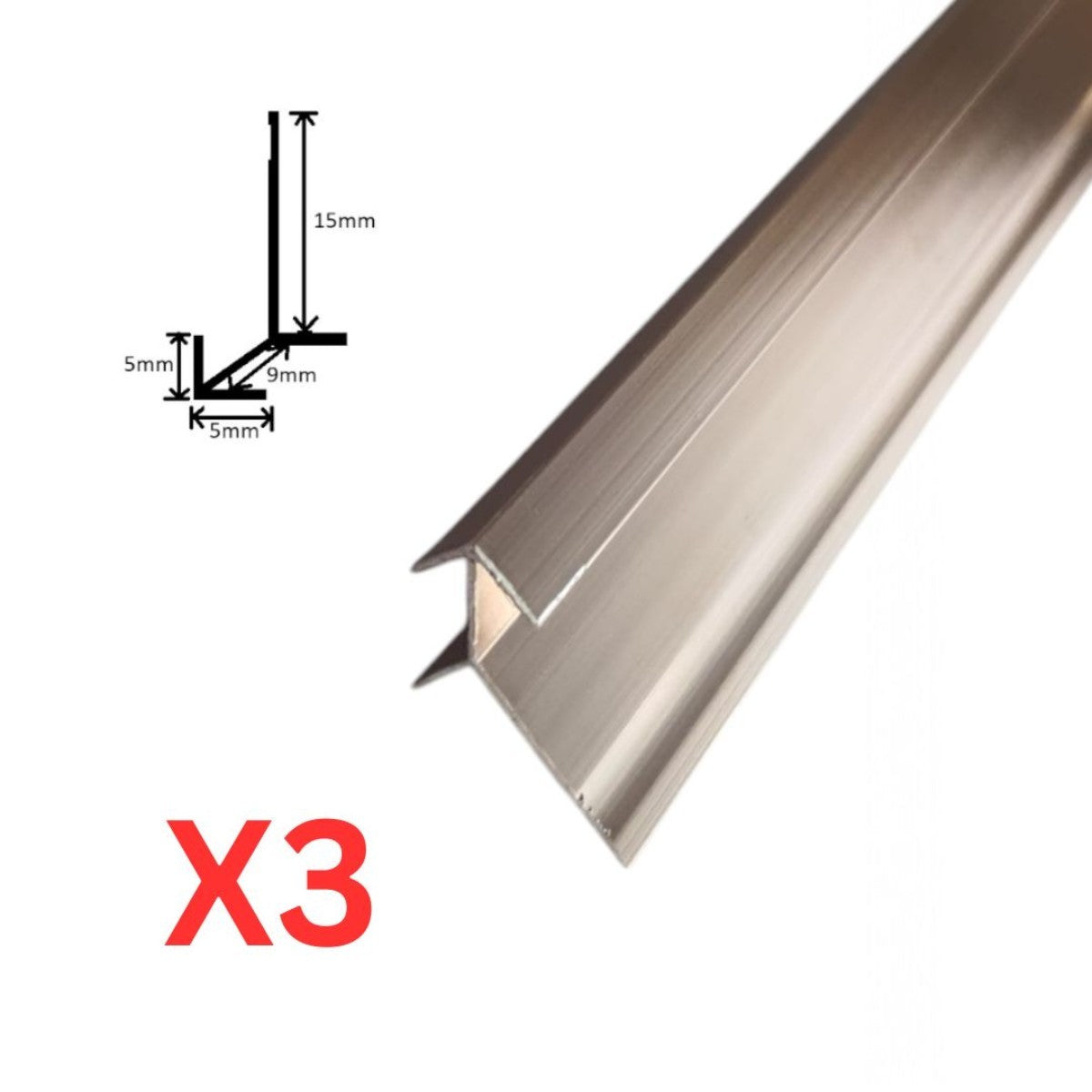 Set 3 profile de colt exterior, ascutit, pentru imbinarea panourilor cristal carbon si carbune de bambus, Naimeed D6333, aluminiu, 300x0.5cm, Bronz