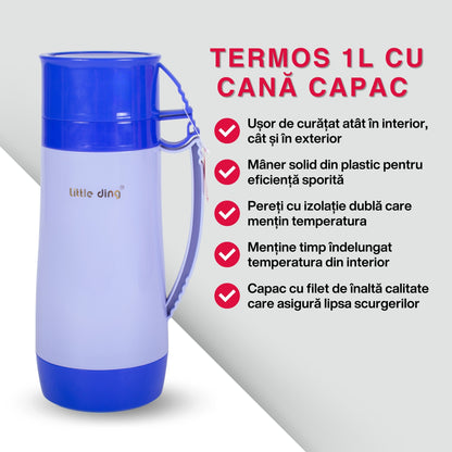 Termos, Naimeed D6418, pentru bauturi reci sau calde, Sticla si ABS, 1.8L, Albastru, 160x345x132mm