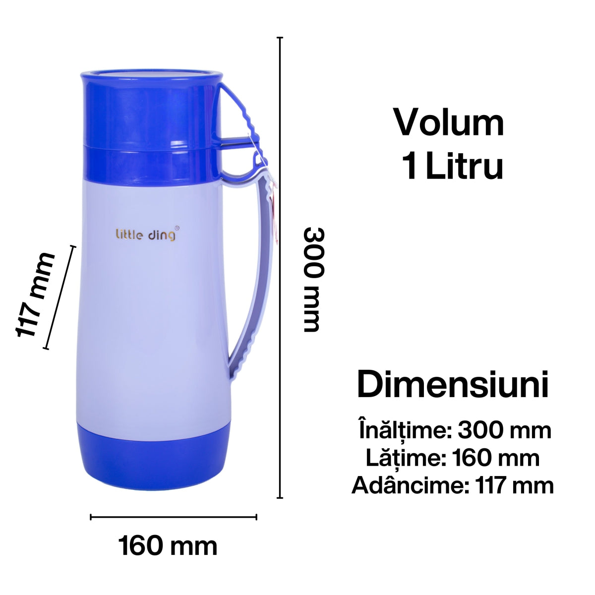 Termos, Naimeed D6413, pentru bauturi reci sau calde, Sticla si ABS, 1L, Albastru, 160x300x117mm