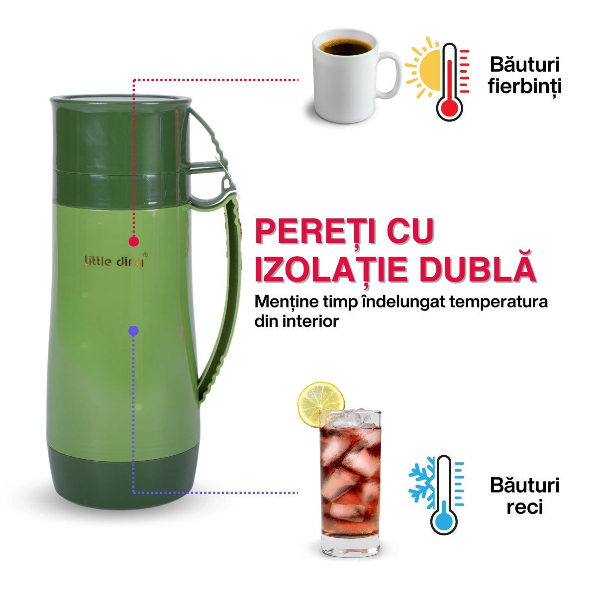 Termos, Naimeed D6418, pentru bauturi reci sau calde, Sticla si ABS, 1.8L, Verde, 160x345x132mm