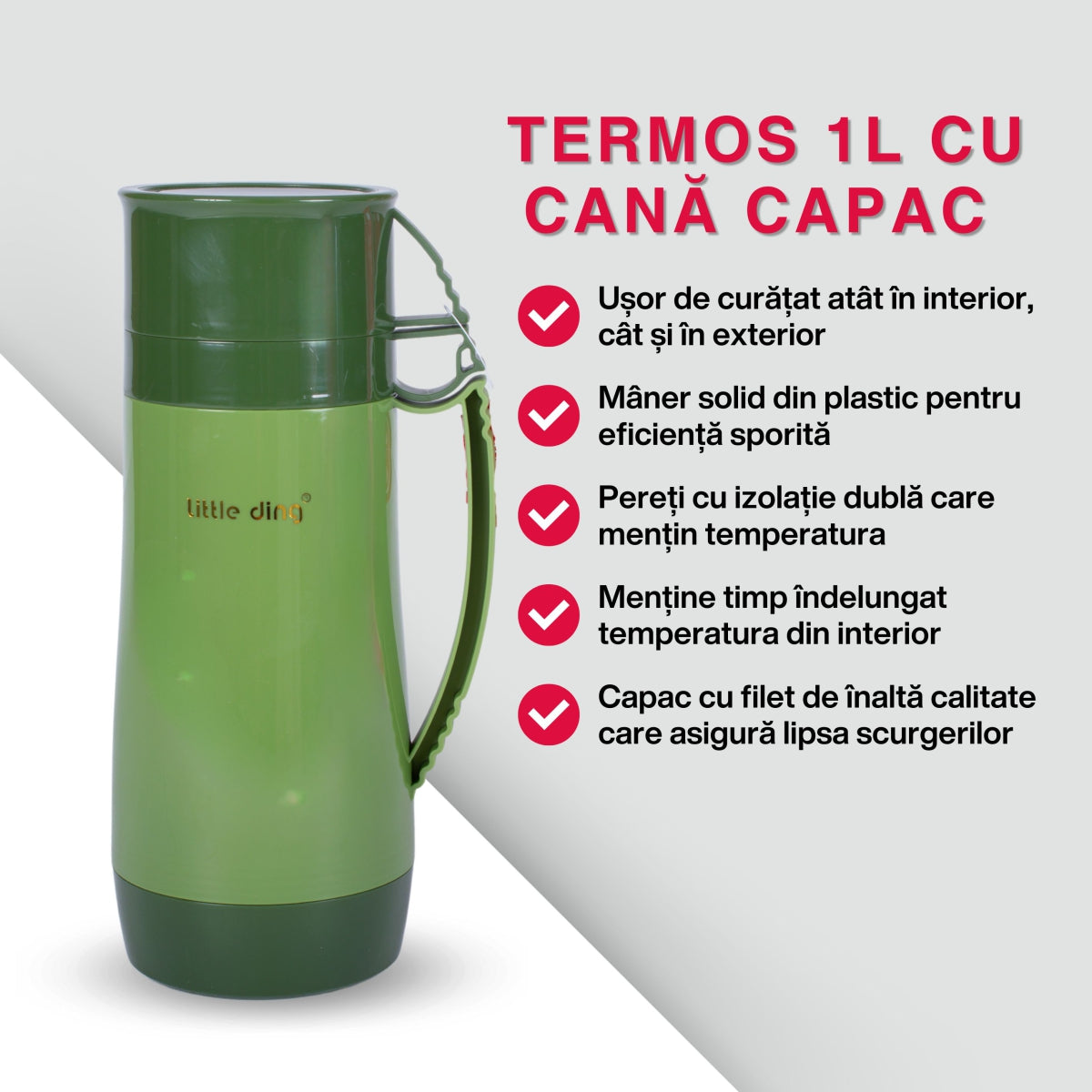 Termos, Naimeed D6413, pentru bauturi reci sau calde, Sticla si ABS, 1L, Verde, 160x300x117mm