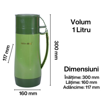 Termos, Naimeed D6413, pentru bauturi reci sau calde, Sticla si ABS, 1L, Verde, 160x300x117mm