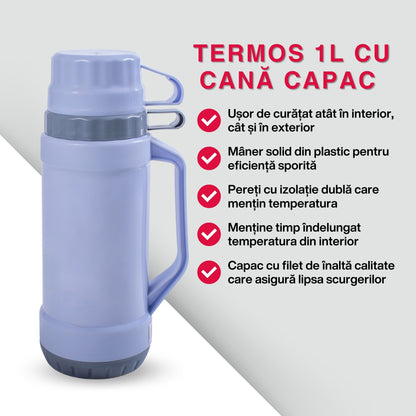 Termos, Naimeed D6417, pentru bauturi reci sau calde, Sticla si ABS, 1.8L, Albastru, 160x345x130mm