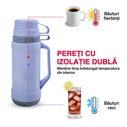 Termos, Naimeed D6417, pentru bauturi reci sau calde, Sticla si ABS, 1.8L, Albastru, 160x345x130mm